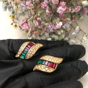 Vintage Roman Signed Gold Tone and Multicolor Rainbow Earrings